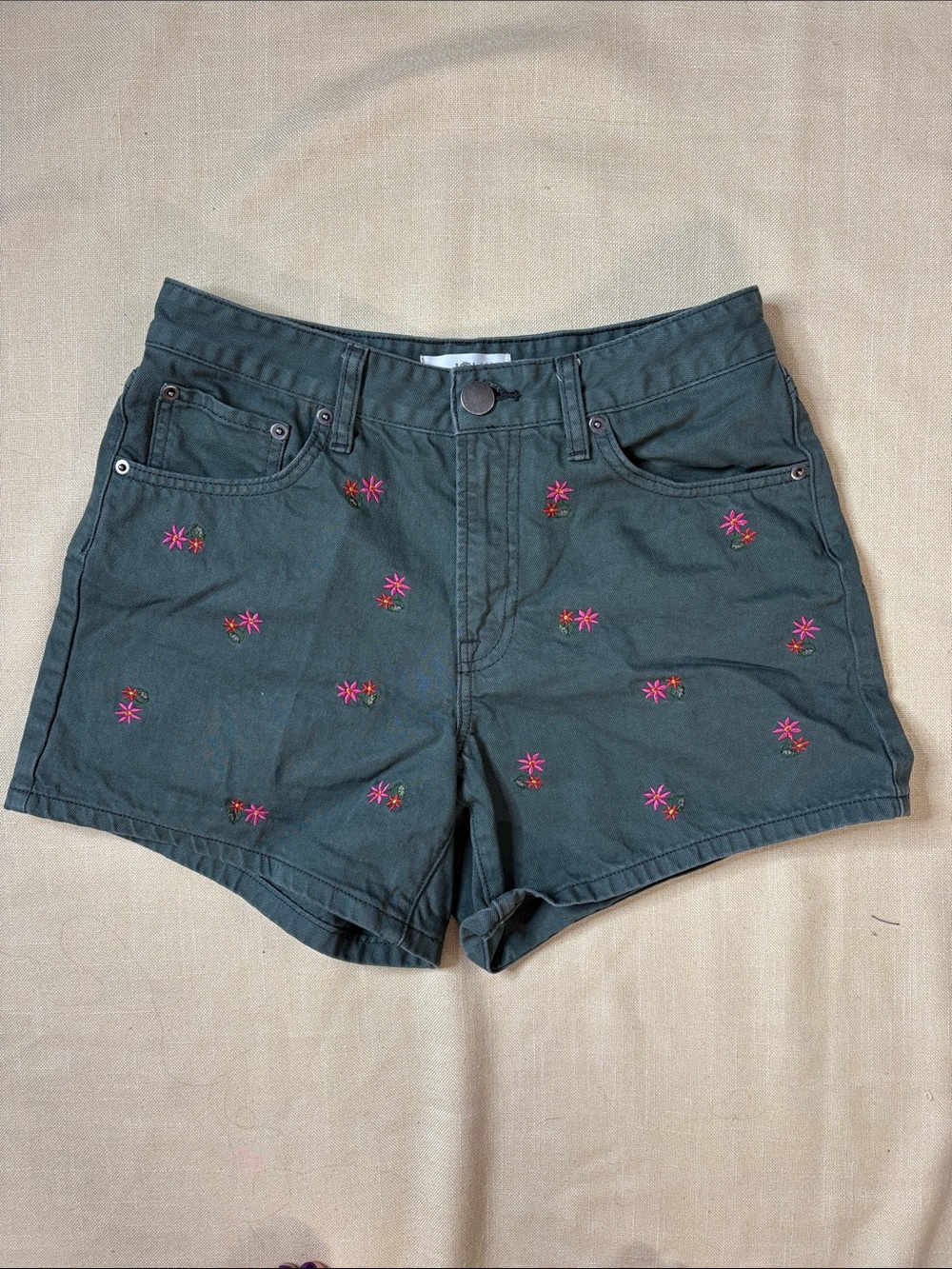 NATURAL LIFE Dark Green Denim Shorts with Pink Embroidered Flowers